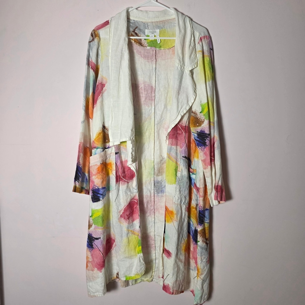 Luukaa Maya Linen Duster Jacket Multicolor Watercolor Art Print Open Front 10